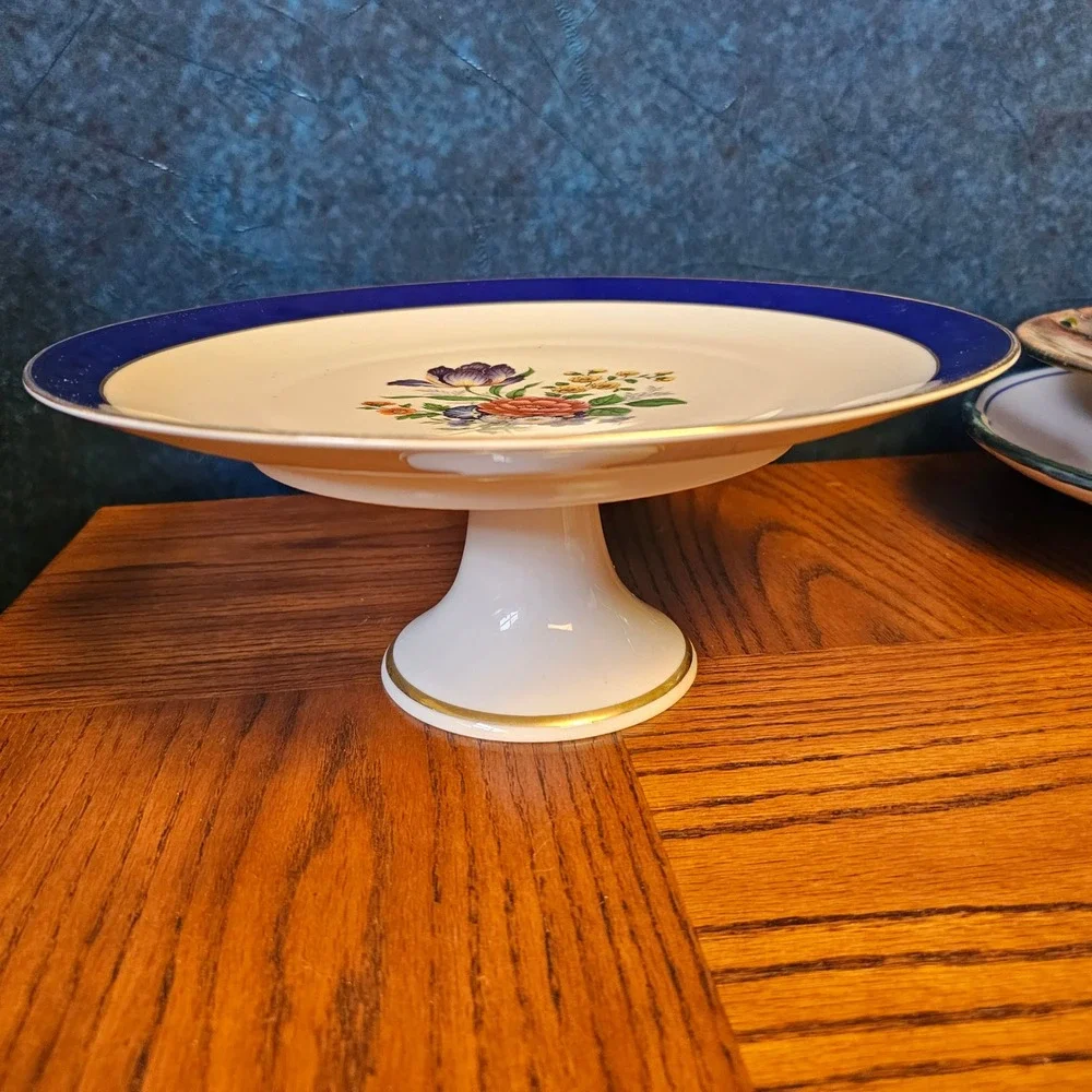 JKW Western Germany Fine Porcelain Floral Pedestal Cake Stand Cobalt Blue Gold